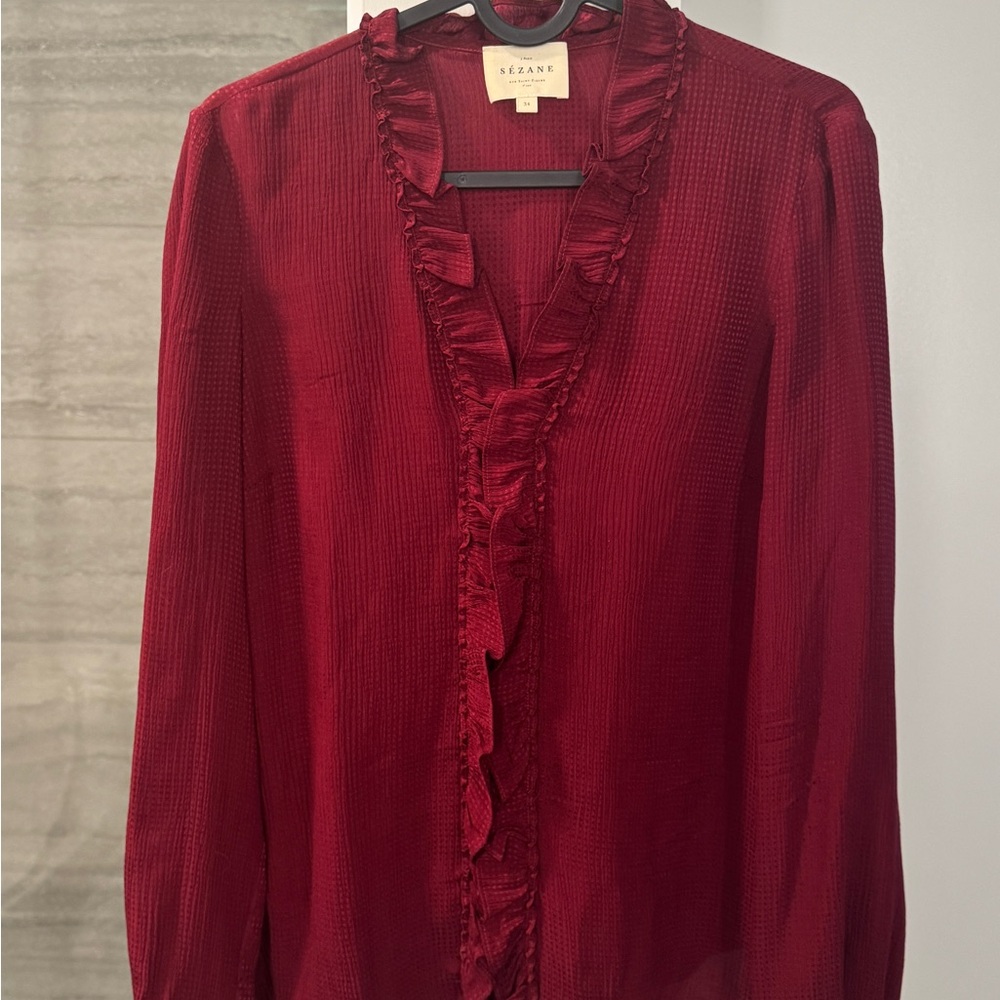 Sezane Luce Shirt - Red Ruffled Long Sleeve Blouse